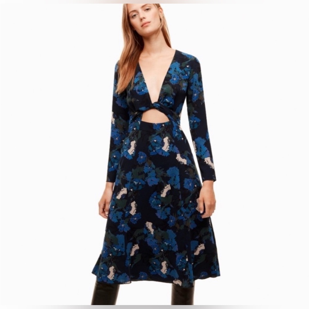 Aritzia Wilfred aubagne blue floral tie front long sleeve midi dress size 2